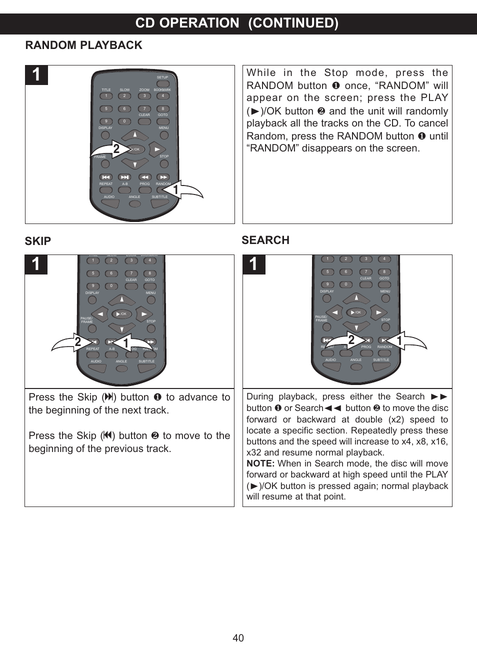 Cd operation (continued), Random playback, Skip search | Memorex MVDP1102 User Manual | Page 41 / 94