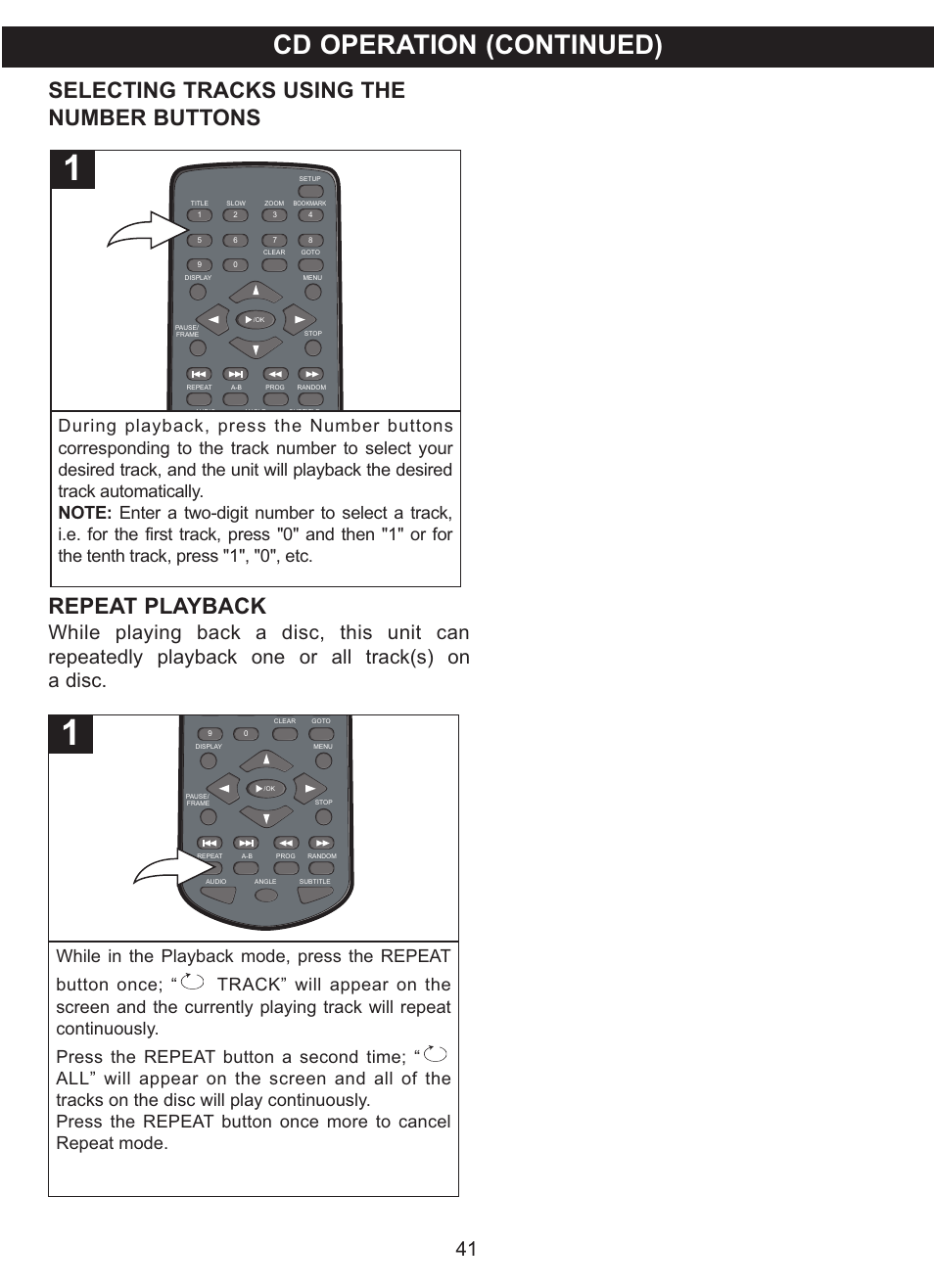 Cd operation (continued), Selecting tracks using the number buttons, Repeat playback | Memorex MVDP1102 User Manual | Page 42 / 94