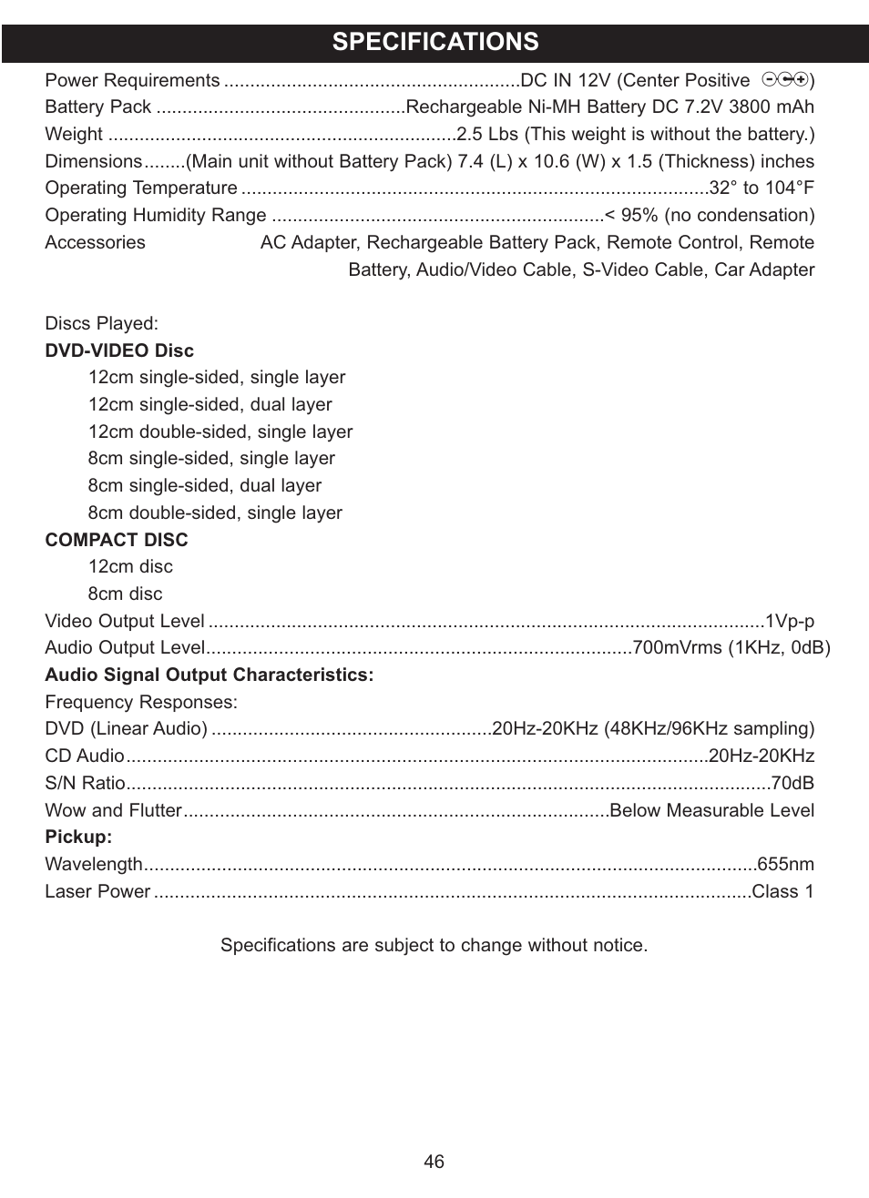 Specifications | Memorex MVDP1102 User Manual | Page 47 / 94