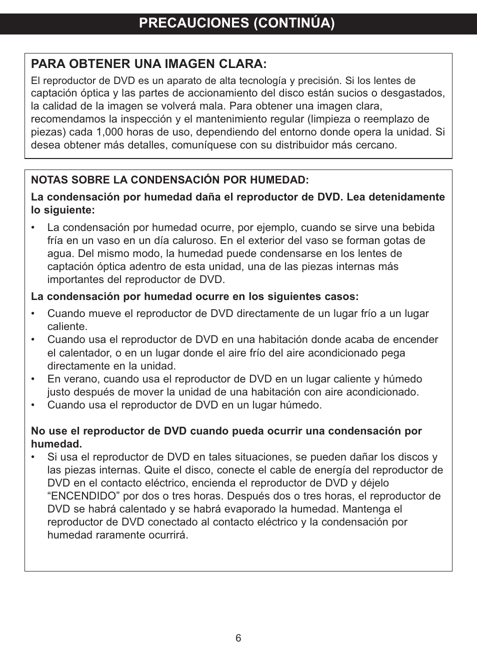 Precauciones (continúa), Para obtener una imagen clara | Memorex MVDP1102 User Manual | Page 53 / 94