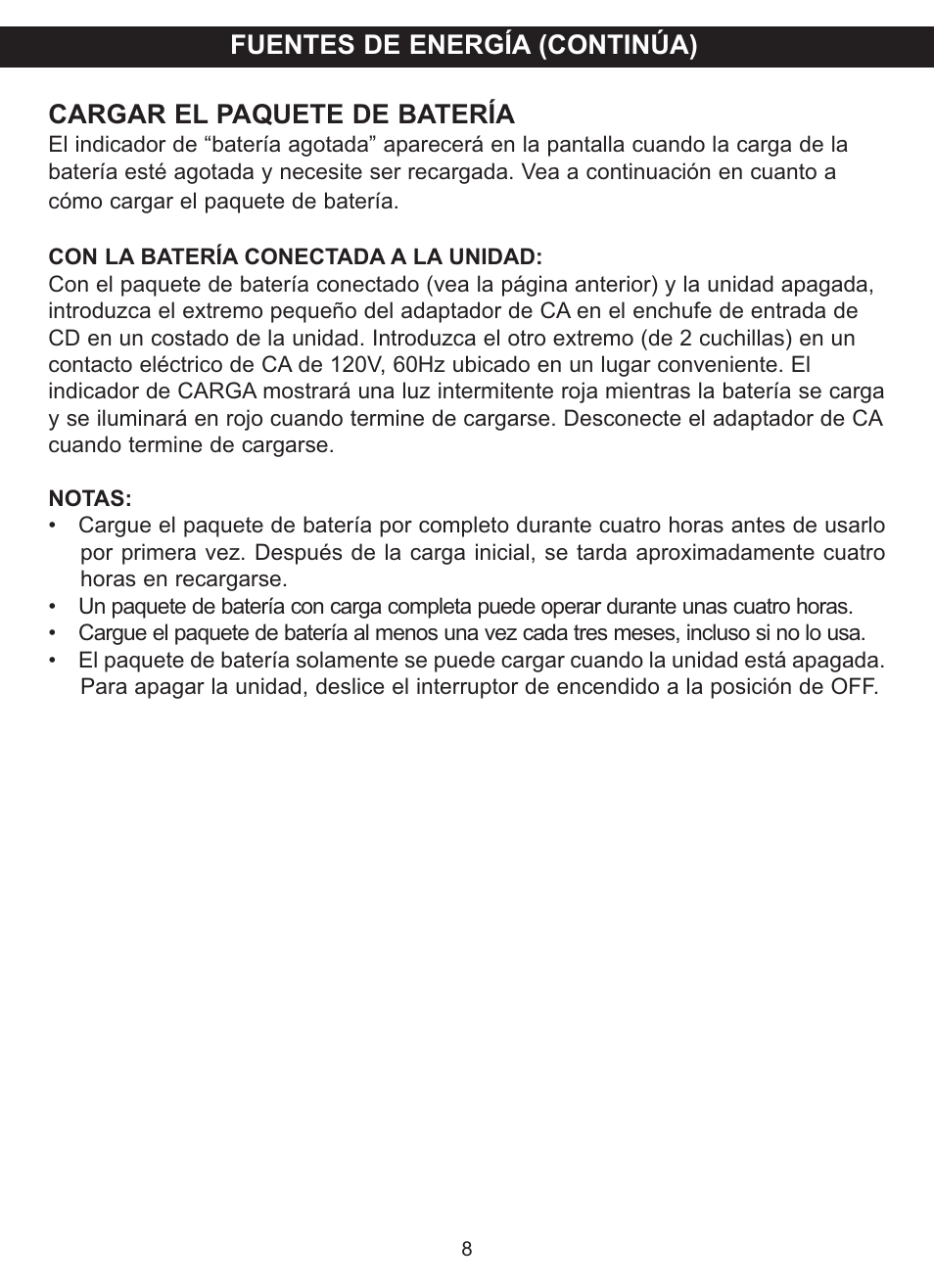 Cargar el paquete de batería, Fuentes de energía (continúa) | Memorex MVDP1102 User Manual | Page 55 / 94
