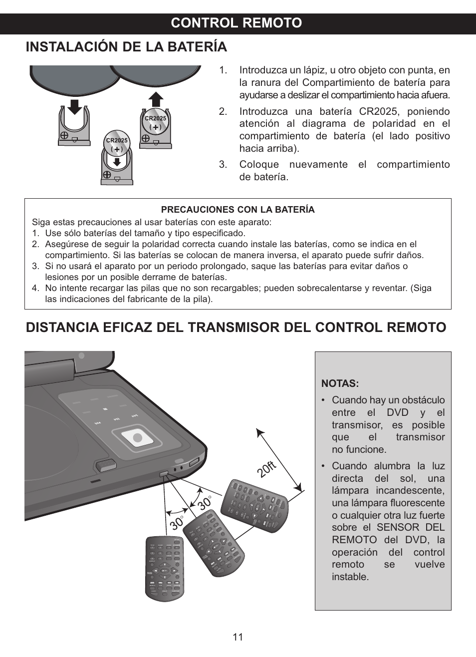Control remoto instalación de la batería, Distancia eficaz del transmisor del control remoto, 20 ft | Memorex MVDP1102 User Manual | Page 58 / 94