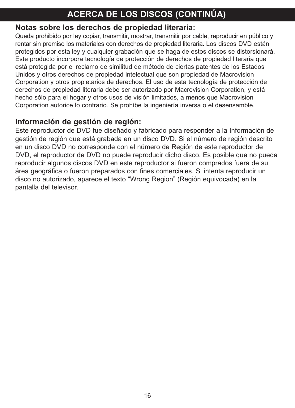 Acerca de los discos (continúa), Notas sobre los derechos de propiedad literaria, Información de gestión de región | Memorex MVDP1102 User Manual | Page 63 / 94