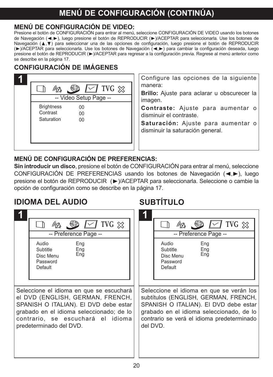 Menú de configuración (continúa), Idioma del audio subtítulo | Memorex MVDP1102 User Manual | Page 67 / 94