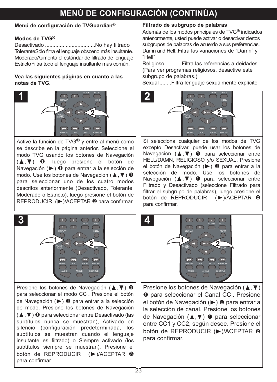 Menú de configuración (continúa), Aceptar, Para confirmar. active la función de tvg | Luego presione el botón de navegación, Para confirmar, Presione los botones de navegación, Menú de configuración de tvguardian, Modos de tvg | Memorex MVDP1102 User Manual | Page 70 / 94