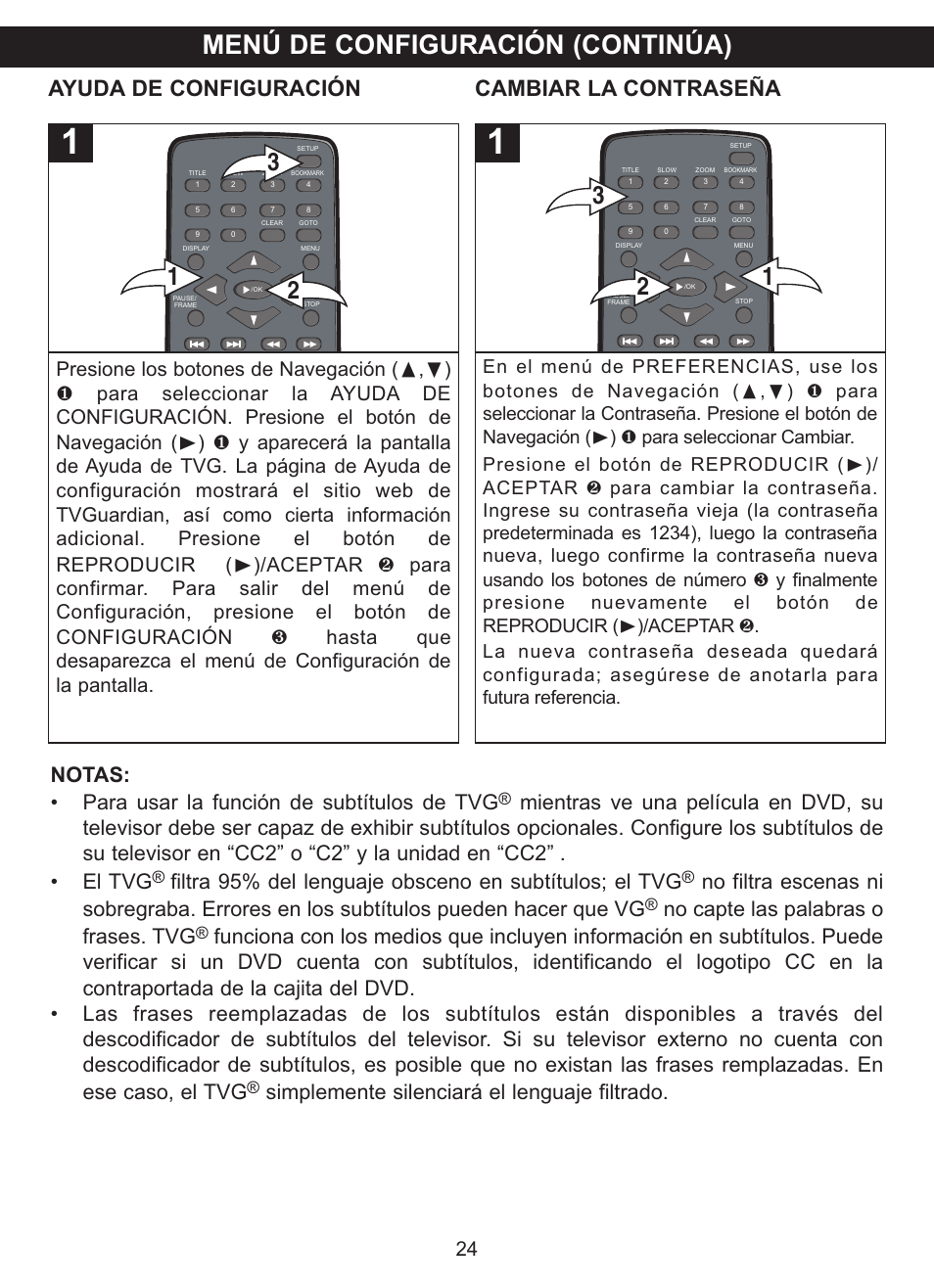 Menú de configuración (continúa), Ayuda de configuración, Cambiar la contraseña | Notas: • para usar la función de subtítulos de tvg, No capte las palabras o frases. tvg, Simplemente silenciará el lenguaje filtrado | Memorex MVDP1102 User Manual | Page 71 / 94