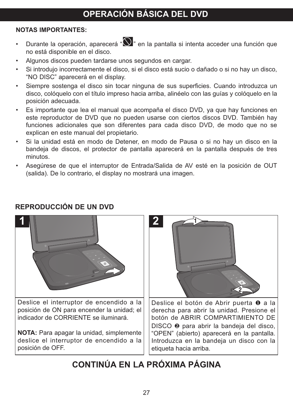 Operación básica del dvd, Continúa en la próxima página | Memorex MVDP1102 User Manual | Page 74 / 94