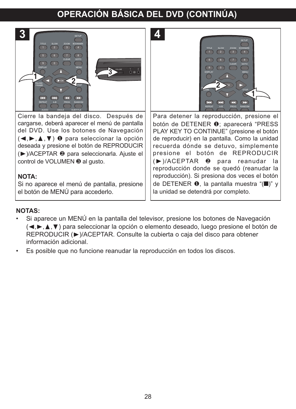 Operación básica del dvd (continúa), Aceptar, Para seleccionarla. ajuste el control de volumen | Al gusto, La pantalla muestra, Y la unidad se detendrá por completo | Memorex MVDP1102 User Manual | Page 75 / 94