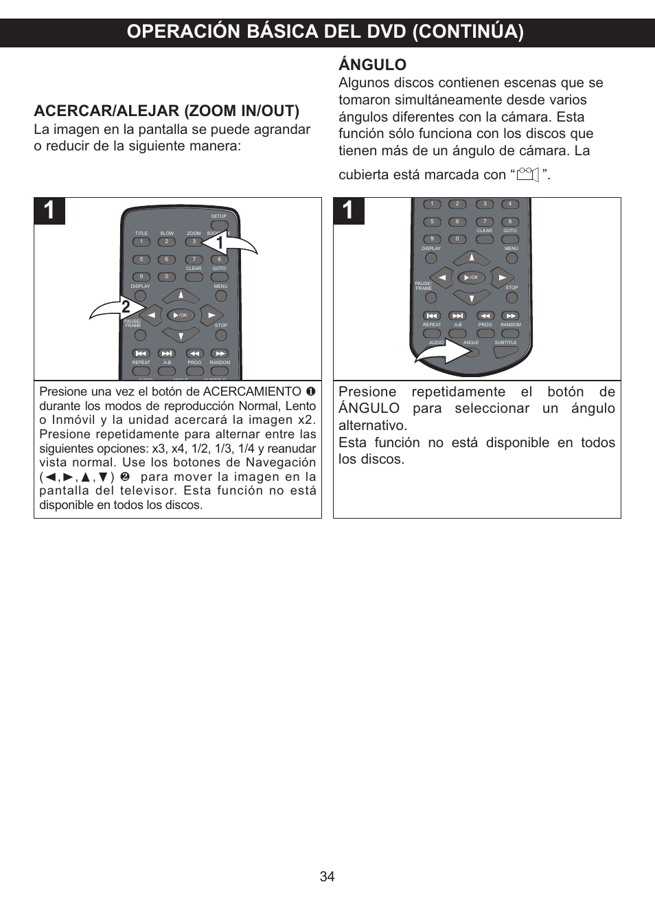 Operación básica del dvd (continúa), Acercar/alejar (zoom in/out), Ángulo | Memorex MVDP1102 User Manual | Page 81 / 94