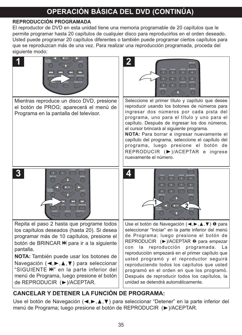 Operación básica del dvd (continúa), Cancelar y detener la función de programa, Aceptar e ingrese nuevamente el número | Memorex MVDP1102 User Manual | Page 82 / 94