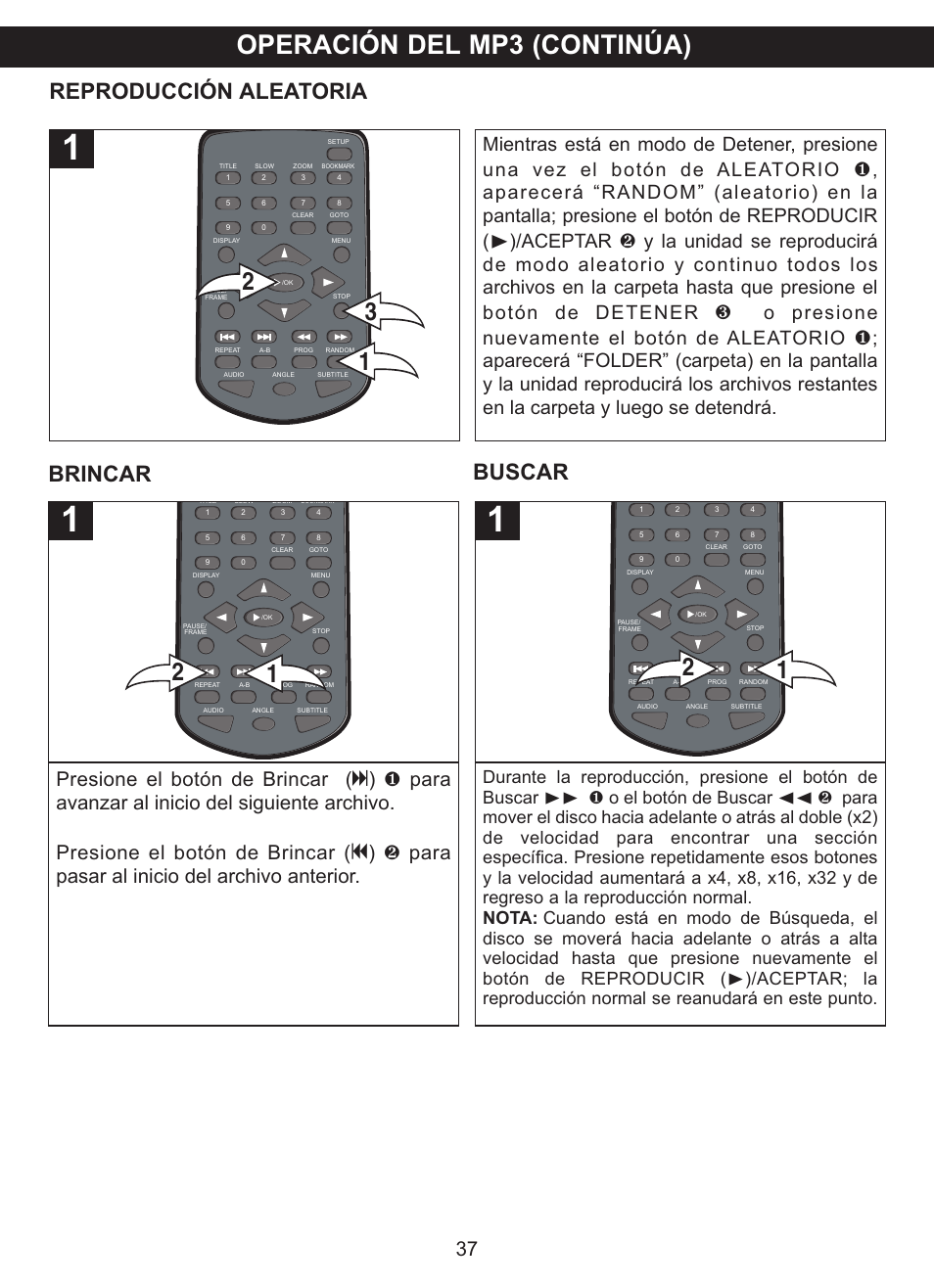 Operación del mp3 (continúa), Reproducción aleatoria, Brincar buscar | Aceptar, O presione nuevamente el botón de aleatorio | Memorex MVDP1102 User Manual | Page 84 / 94