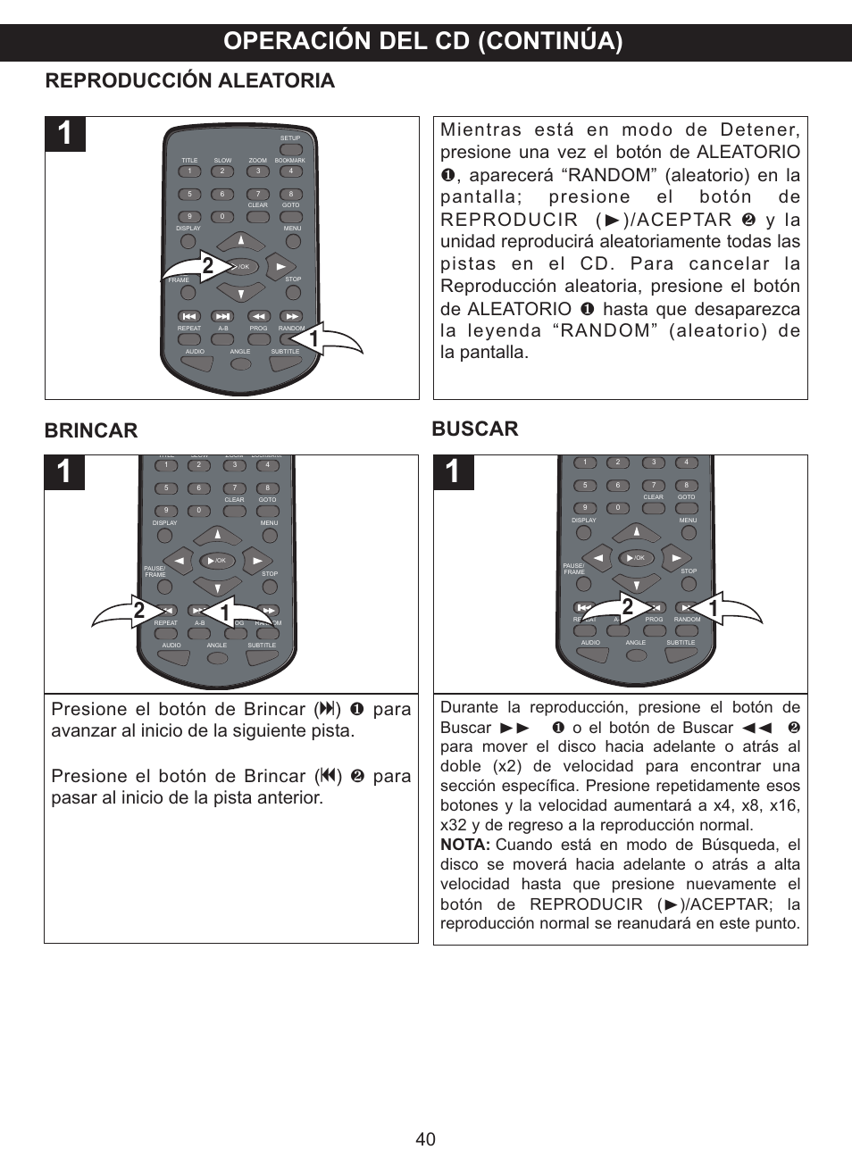 Operación del cd (continúa), Reproducción aleatoria, Brincar buscar | Memorex MVDP1102 User Manual | Page 87 / 94