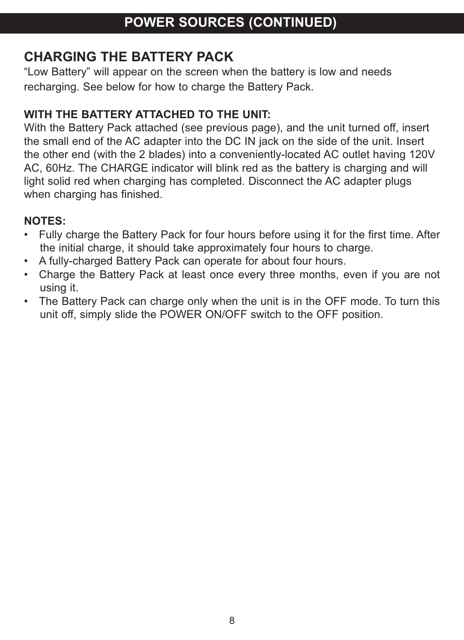 Charging the battery pack, Power sources (continued) | Memorex MVDP1102 User Manual | Page 9 / 94