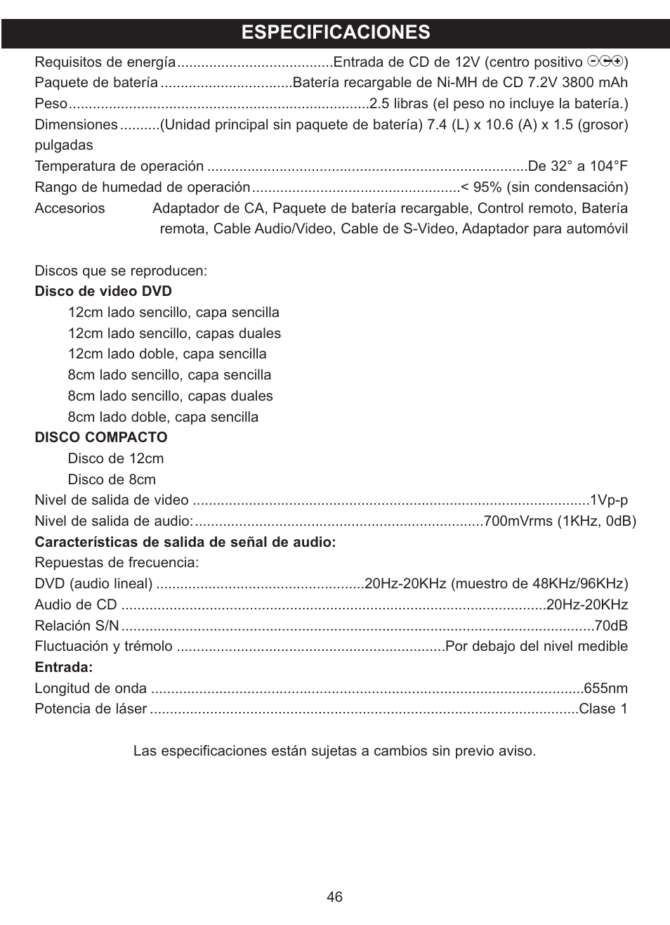 Especificaciones | Memorex MVDP1102 User Manual | Page 93 / 94