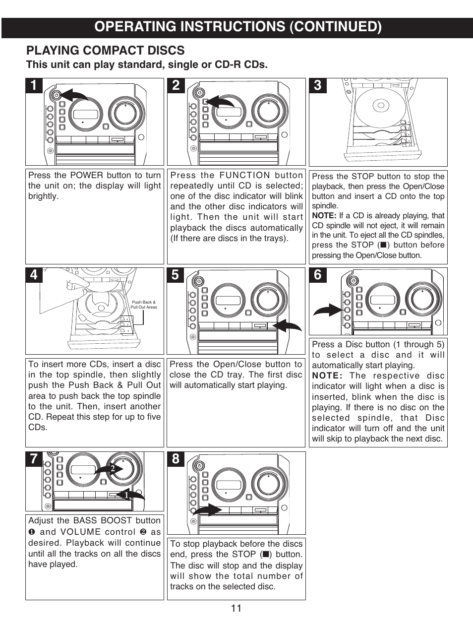 Operating instructions (continued), Playing compact discs | Memorex MX4501 User Manual | Page 12 / 20