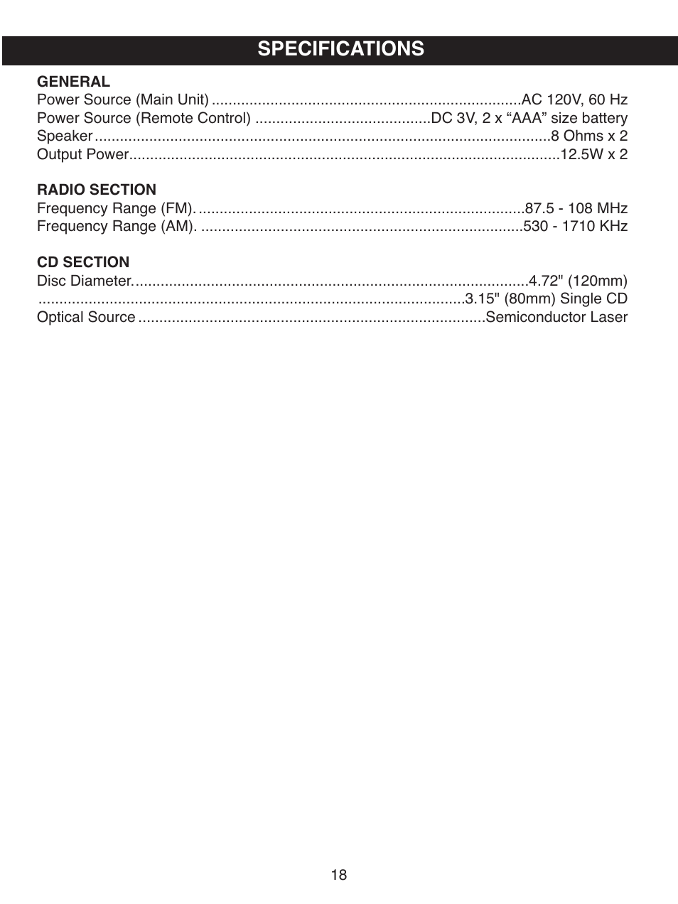 Specifications | Memorex MX4501 User Manual | Page 19 / 20