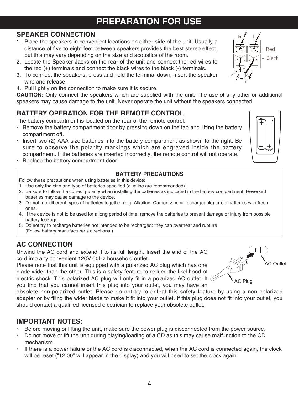 Preparation for use, Speaker connection, Battery operation for the remote control | Ac connection | Memorex MX4501 User Manual | Page 5 / 20