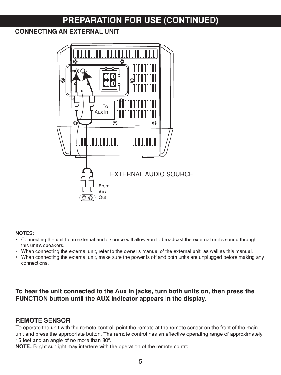 Preparation for use (continued), Connecting an external unit, External audio source | Memorex MX4501 User Manual | Page 6 / 20