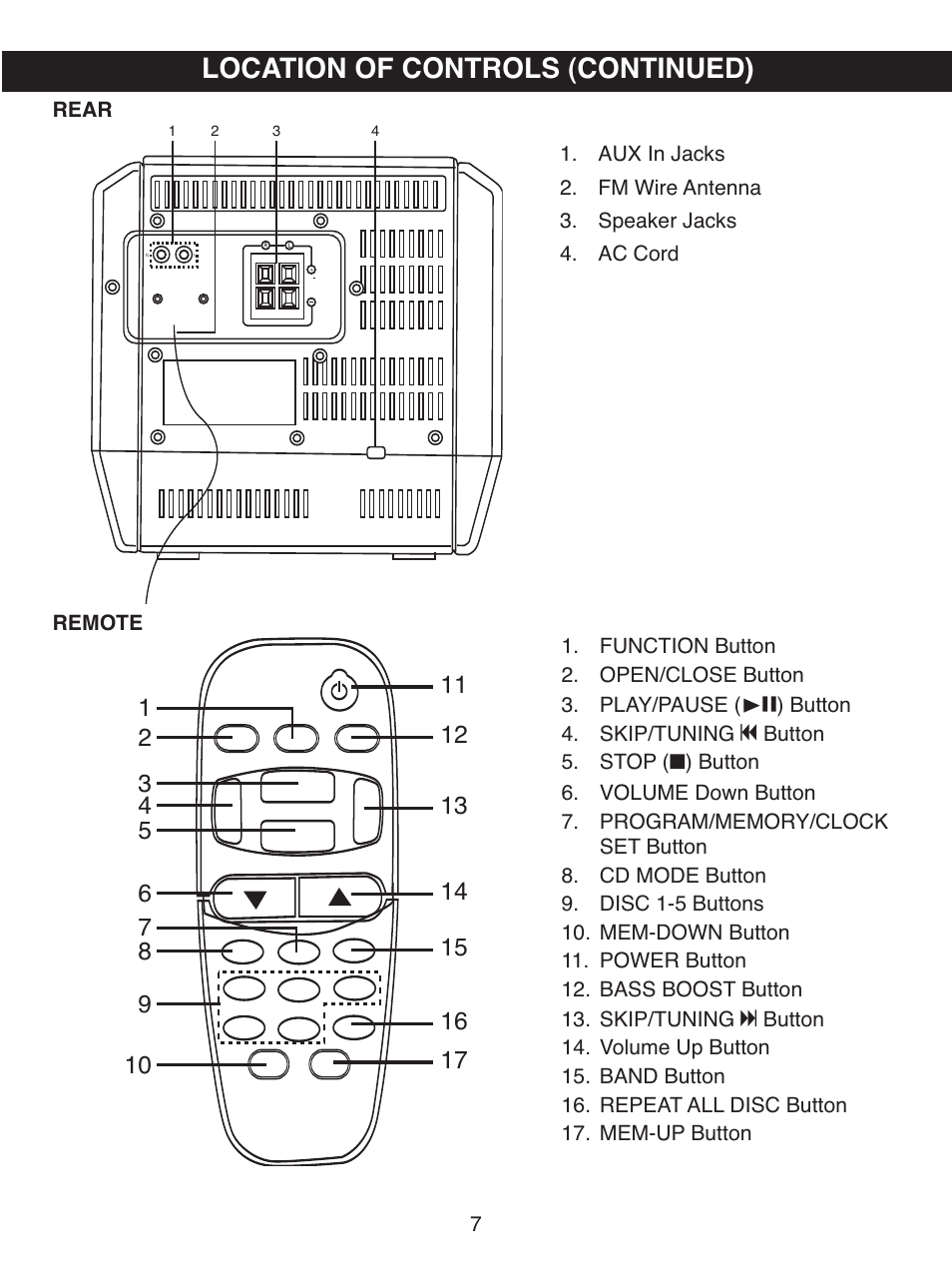 Location of controls (continued) | Memorex MX4501 User Manual | Page 8 / 20