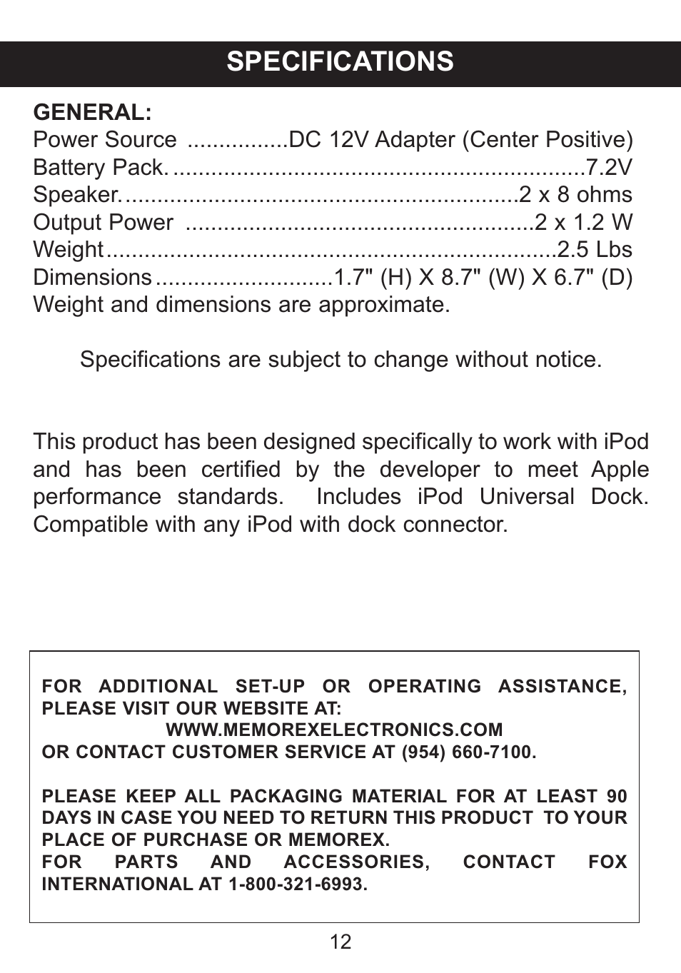 Specifications | Memorex iFlipTM User Manual | Page 13 / 14