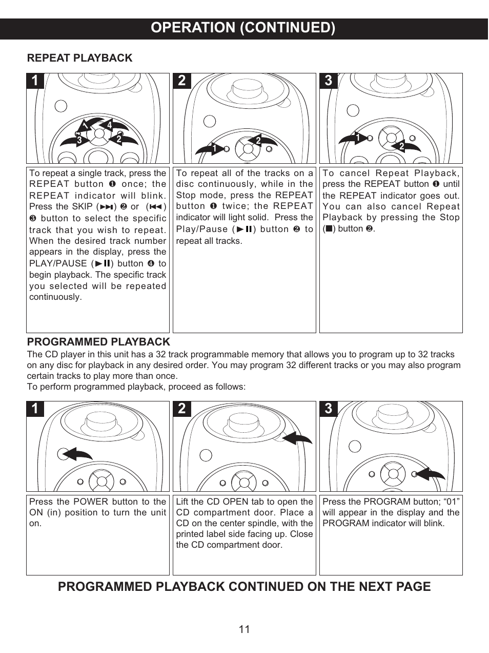Operation (continued), Programmed playback continued on the next page | Memorex MKS2115 User Manual | Page 12 / 38