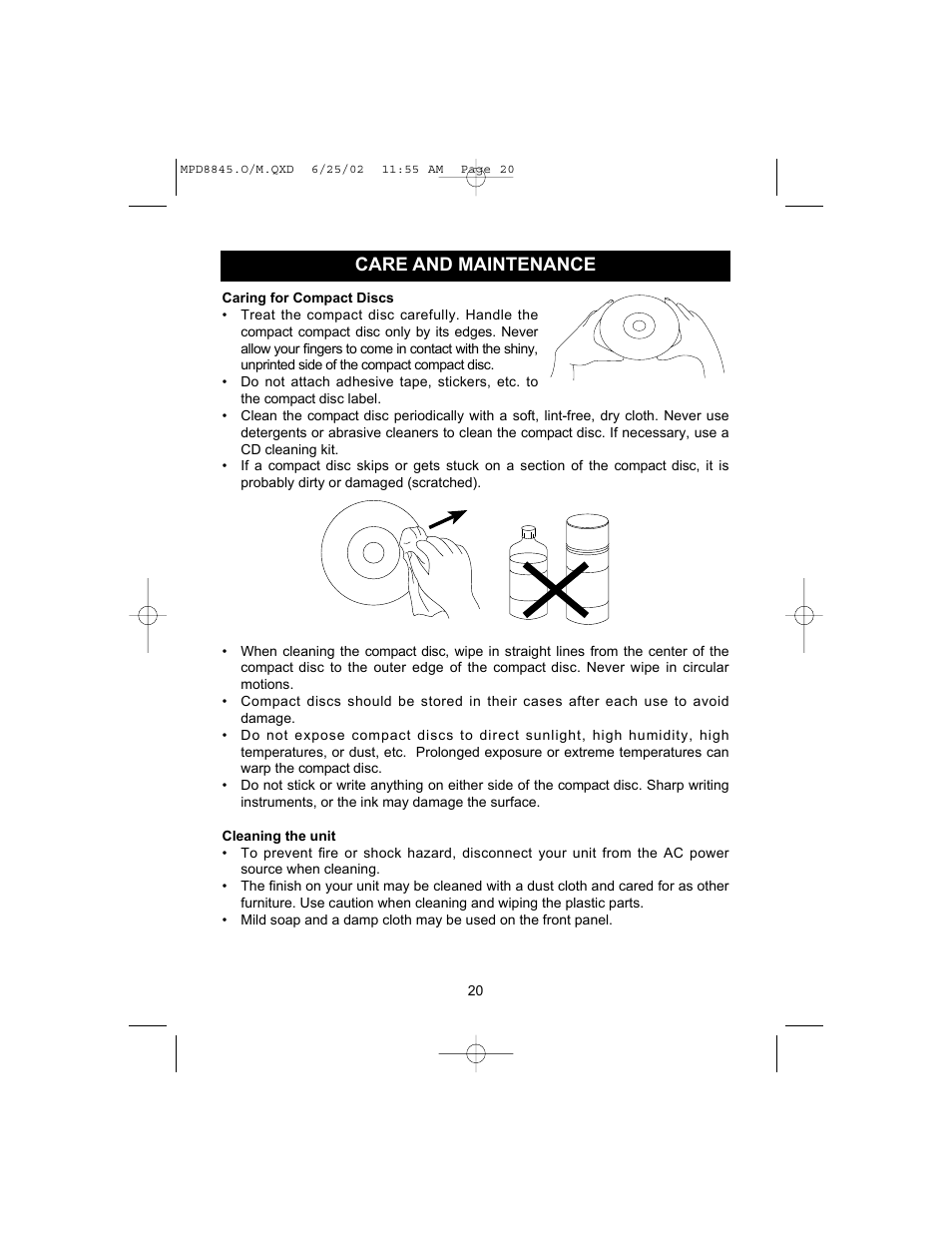 Care and maintenance | Memorex MPD8845 User Manual | Page 21 / 24