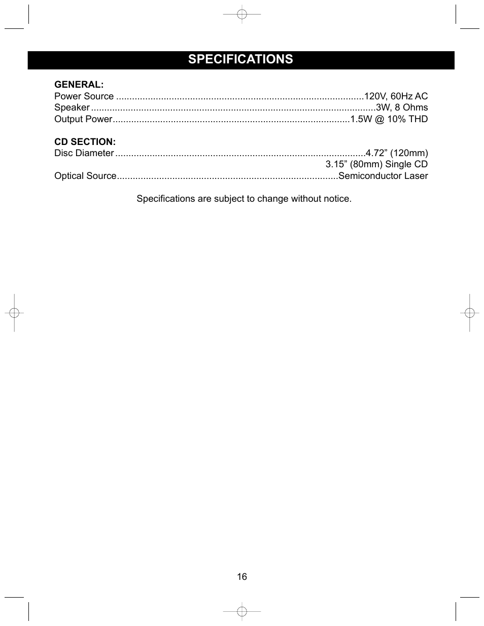 Specifications | Memorex MKS2112 User Manual | Page 17 / 18