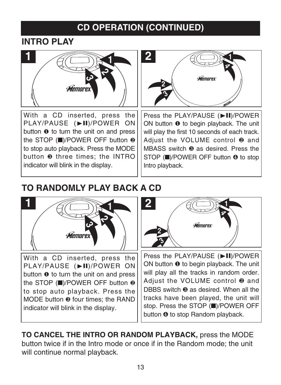 Cd operation (continued), Intro play | Memorex MD6883 User Manual | Page 14 / 19