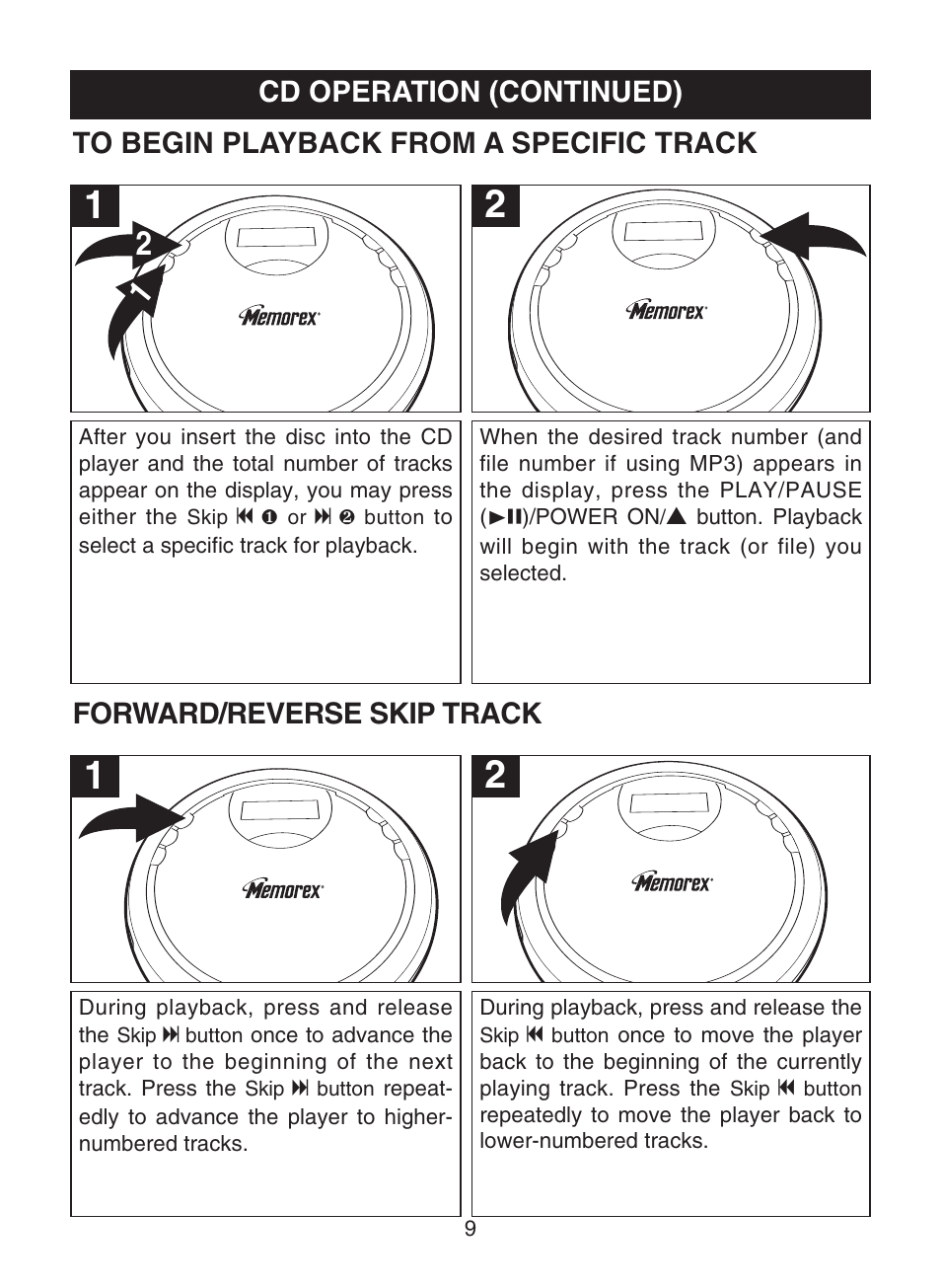 Cd operation (continued), Forward/reverse skip track | Memorex MPD8819 User Manual | Page 10 / 23
