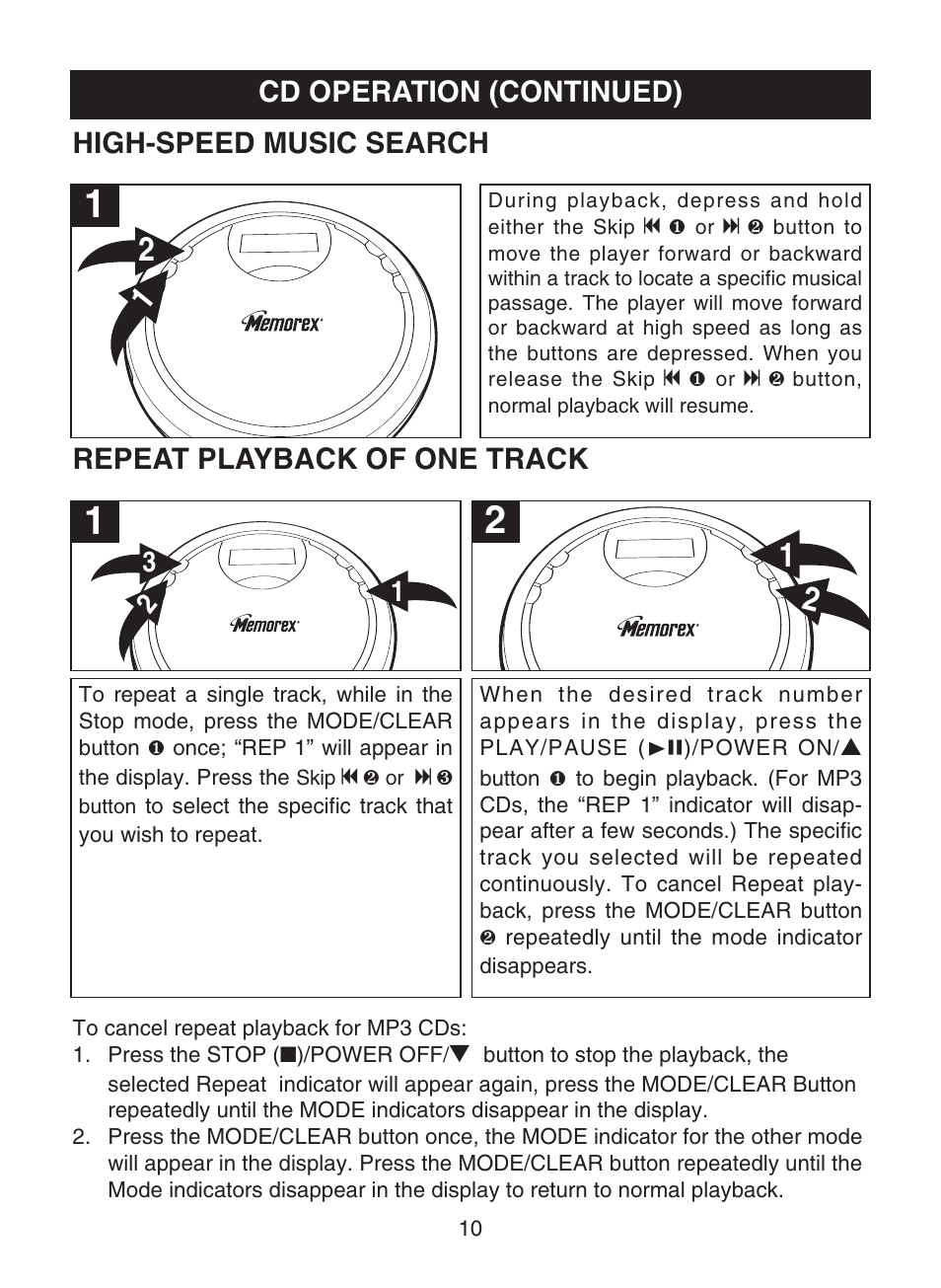 Cd operation (continued), High-speed music search, Repeat playback of one track | Memorex MPD8819 User Manual | Page 11 / 23