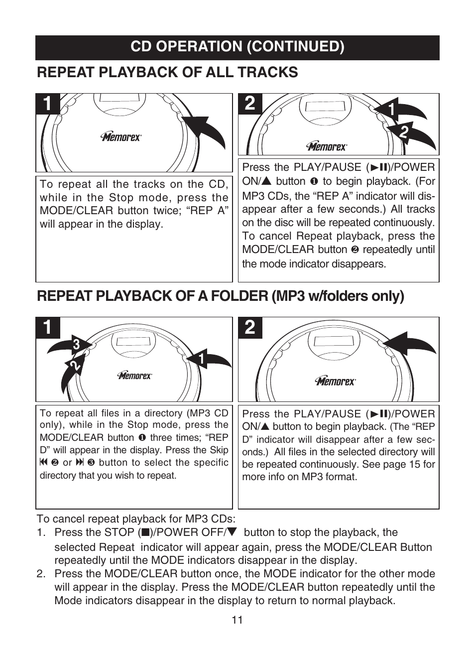 Cd operation (continued), Repeat playback of all tracks, Repeat playback of a folder (mp3 w/folders only) | Memorex MPD8819 User Manual | Page 12 / 23