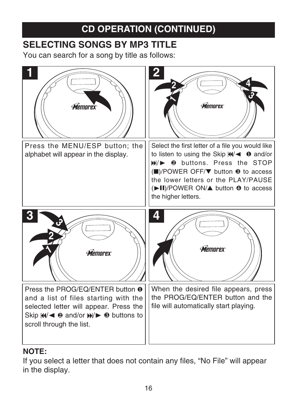 Selecting songs by mp3 title, Cd operation (continued) | Memorex MPD8819 User Manual | Page 17 / 23