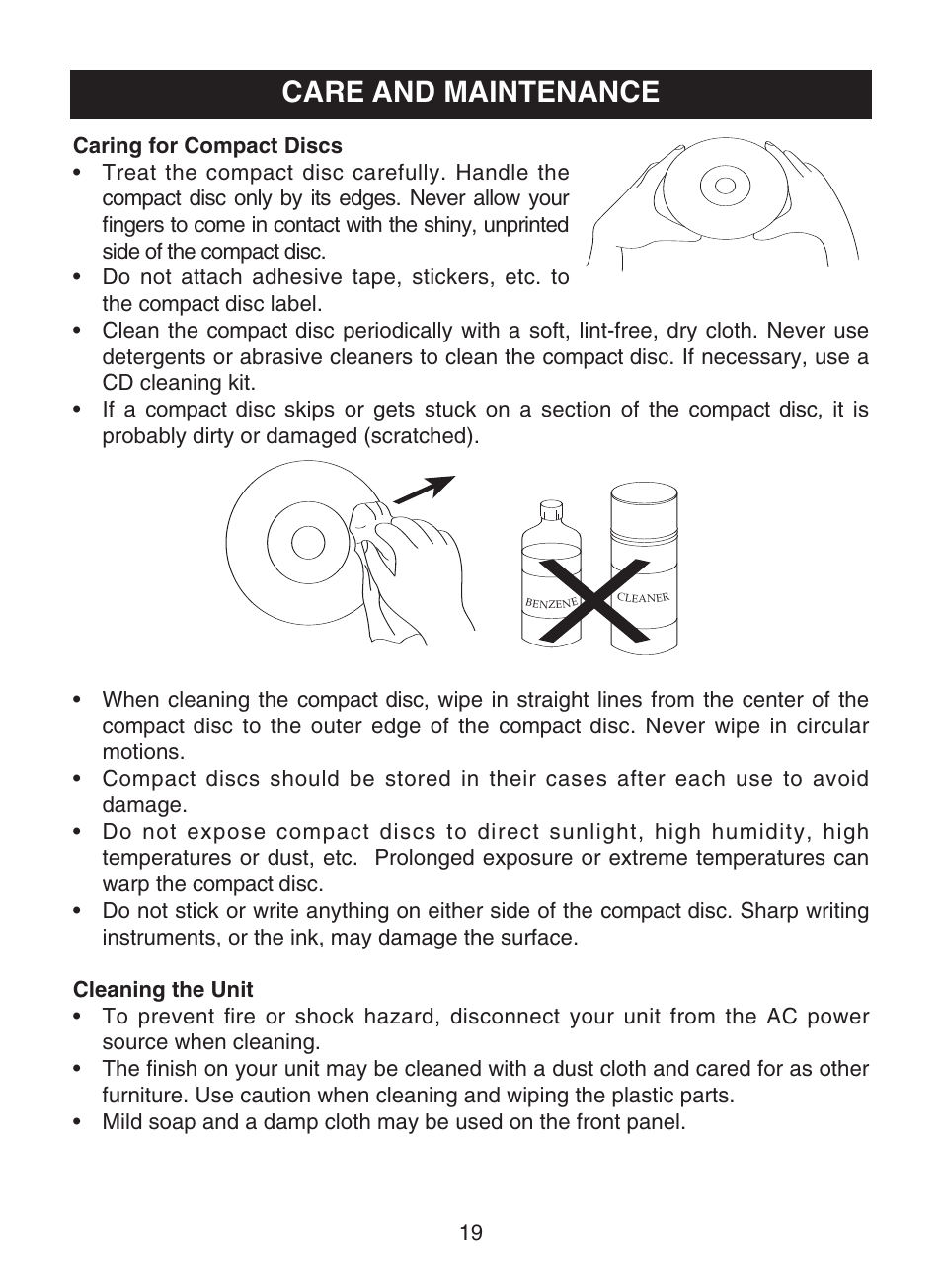 Care and maintenance | Memorex MPD8819 User Manual | Page 20 / 23