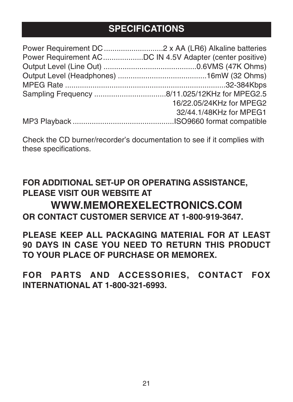 Specifications | Memorex MPD8819 User Manual | Page 22 / 23