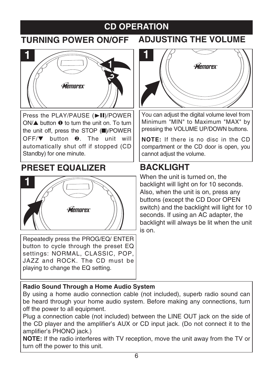 Cd operation, Turning power on/off, Adjusting the volume | Preset equalizer backlight | Memorex MPD8819 User Manual | Page 7 / 23