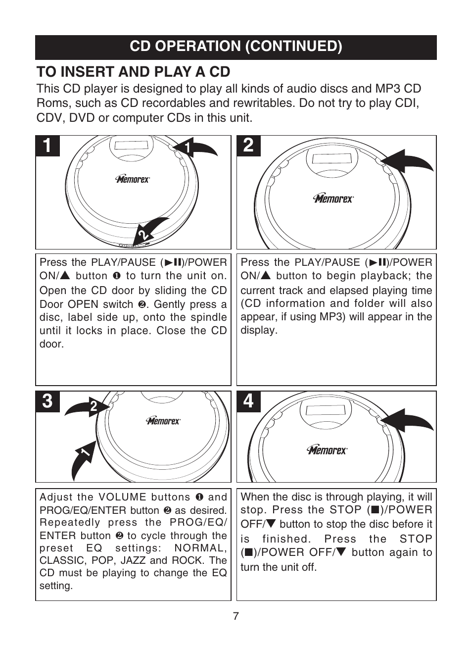 Cd operation (continued) | Memorex MPD8819 User Manual | Page 8 / 23