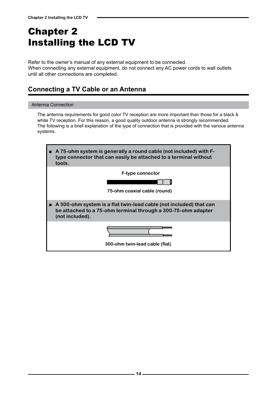 Chapter 2 installing the lcd tv, Connecting a tv cable or an antenna | Memorex 1080p User Manual | Page 16 / 103