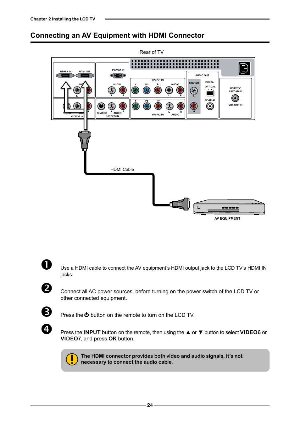 Connecting an av equipment with hdmi connector | Memorex 1080p User Manual | Page 26 / 103