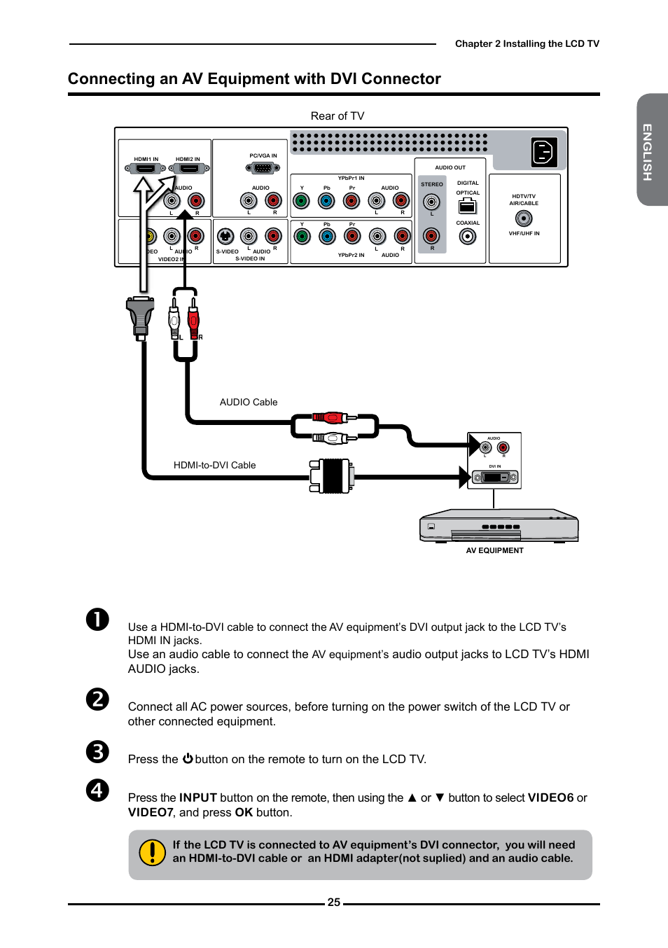 Connecting an av equipment with dvi connector, Use an audio cable to connect the, Audio output jacks to lcd tv’s hdmi audio jacks | Memorex 1080p User Manual | Page 27 / 103