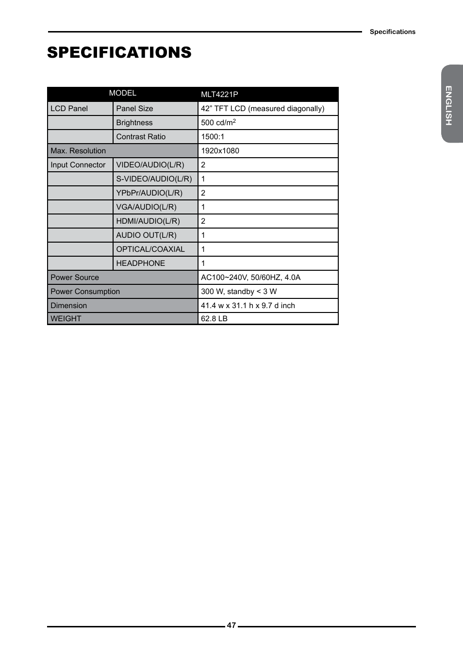 Specifications | Memorex 1080p User Manual | Page 49 / 103