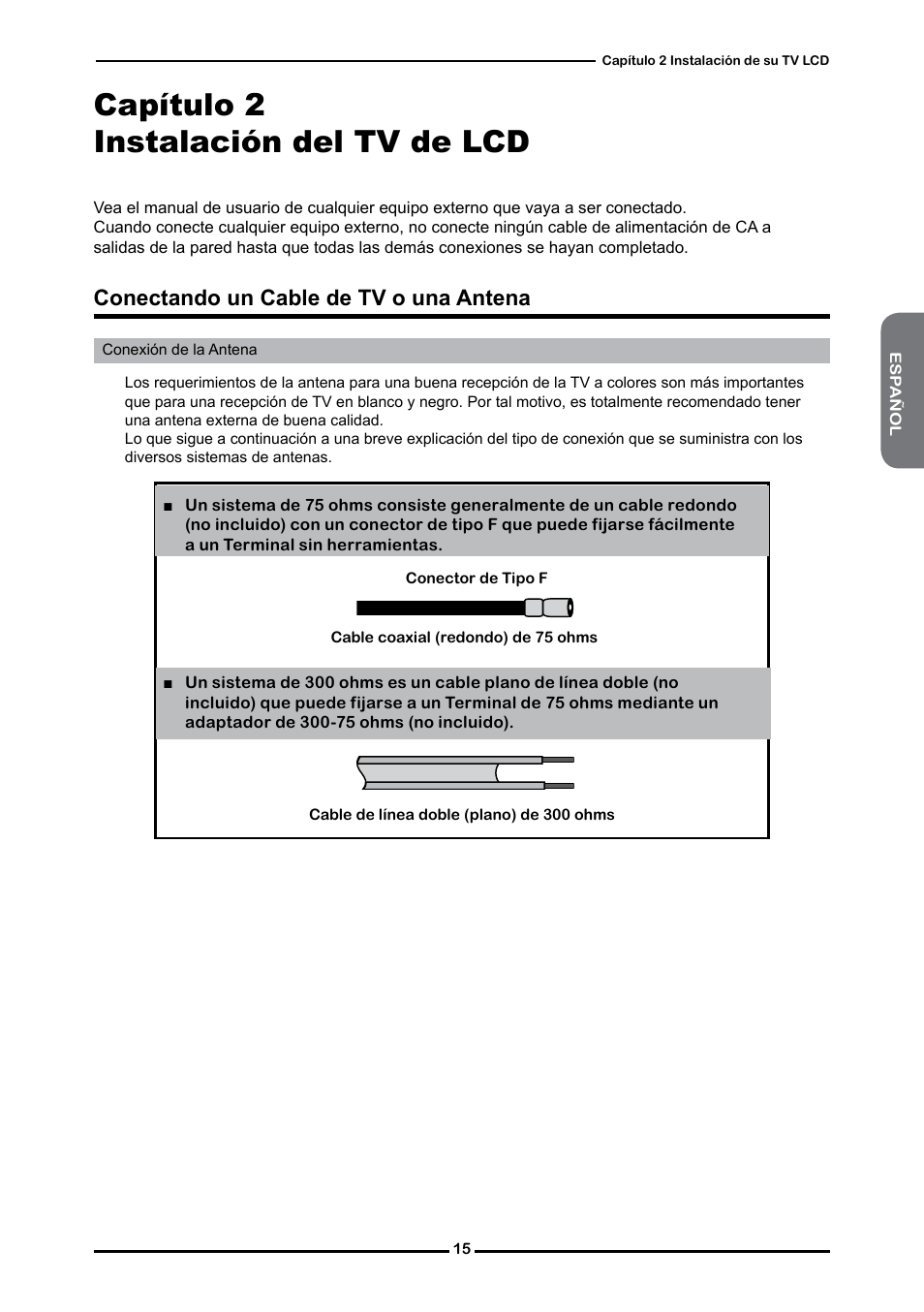 Capítulo 2 instalación del tv de lcd, Conectando un cable de tv o una antena | Memorex 1080p User Manual | Page 67 / 103