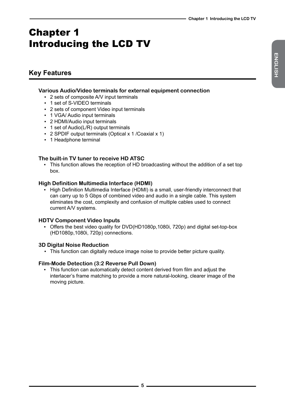 Chapter 1 introducing the lcd tv, Key features | Memorex 1080p User Manual | Page 7 / 103