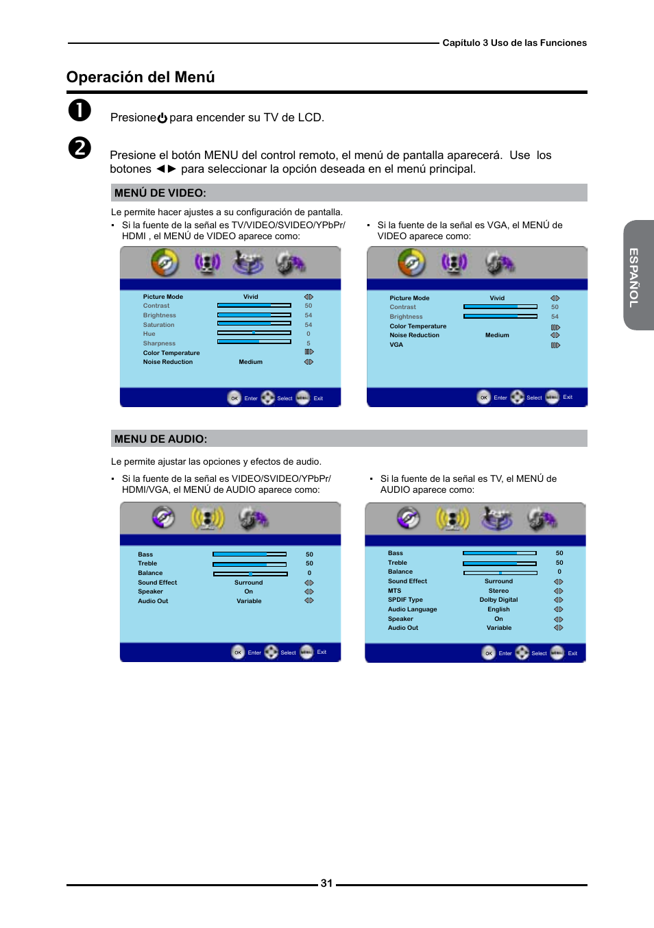 Operación del menú, Presione para encender su tv de lcd, Esp añol | Menú de video: menu de audio | Memorex 1080p User Manual | Page 83 / 103