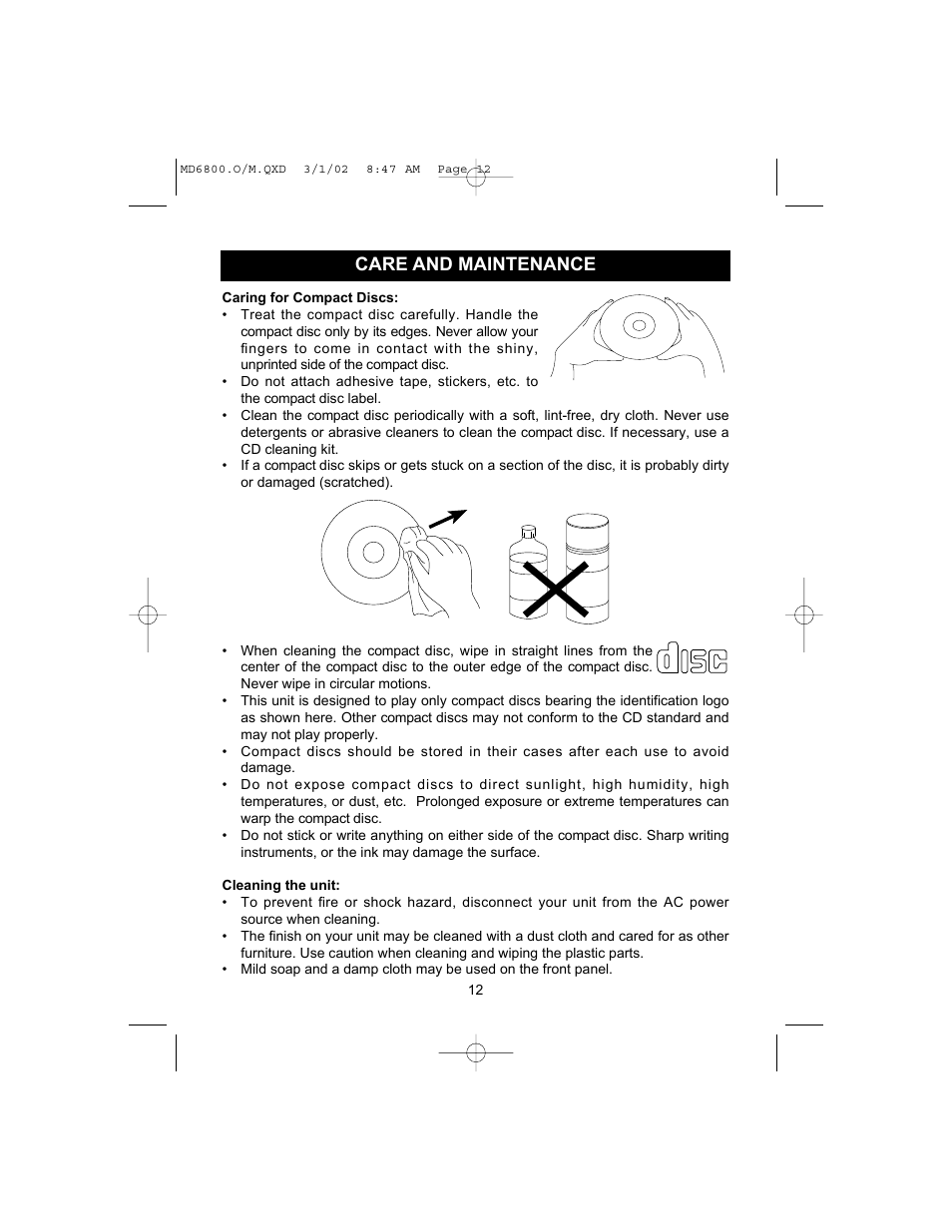 Care and maintenance | Memorex MD6800 User Manual | Page 13 / 15