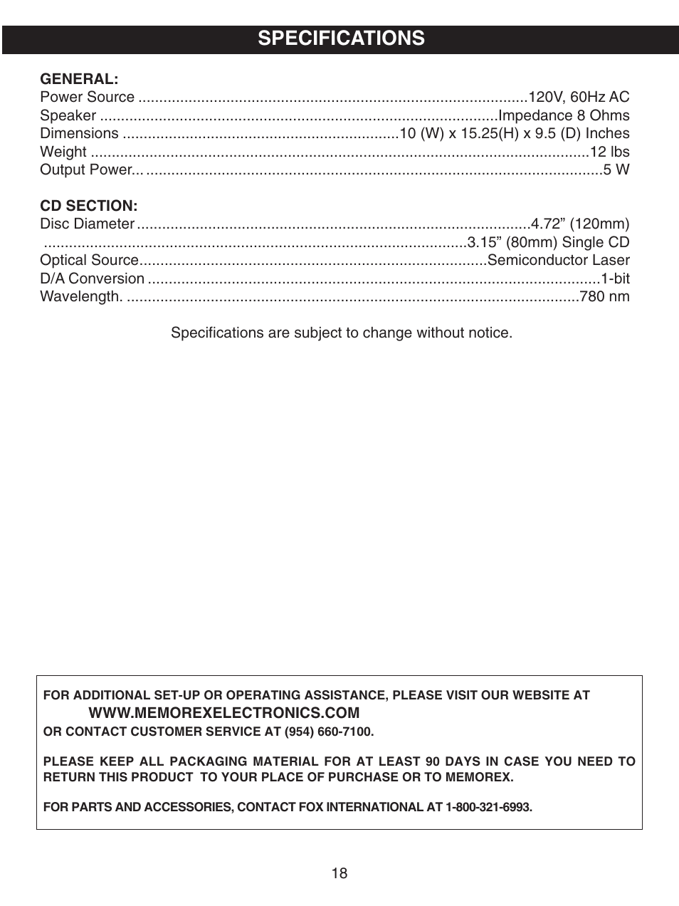 Specifications | Memorex MKS5627 User Manual | Page 19 / 20