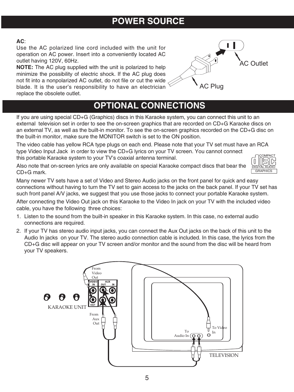 Power source optional connections, Ac plug ac outlet | Memorex MKS5627 User Manual | Page 6 / 20