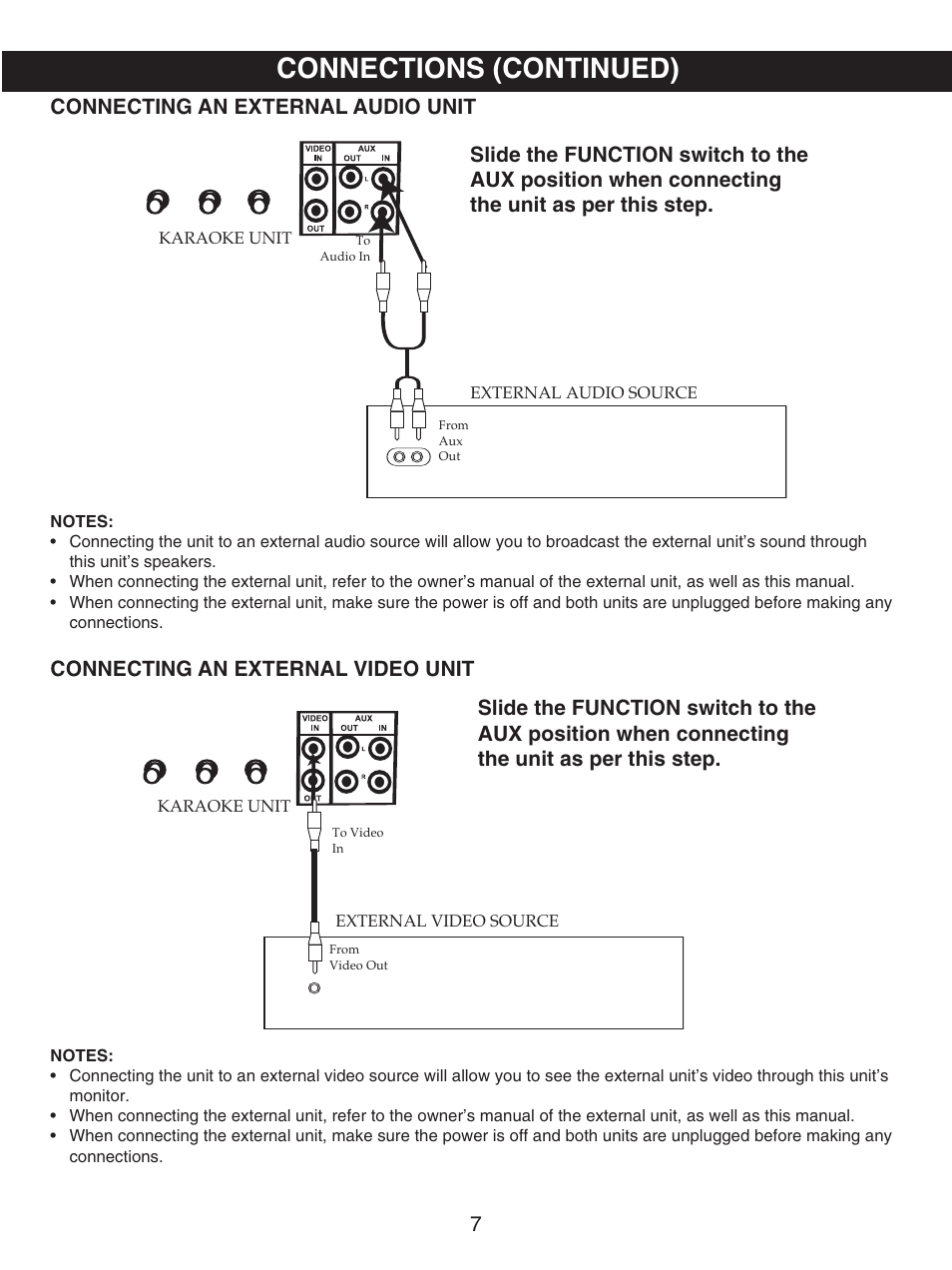 Connections (continued), Connecting an external audio unit, Connecting an external video unit | Memorex MKS5627 User Manual | Page 8 / 20