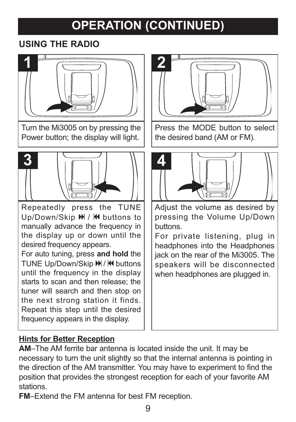 Operation (continued) | Memorex iMove MI3005 User Manual | Page 10 / 16