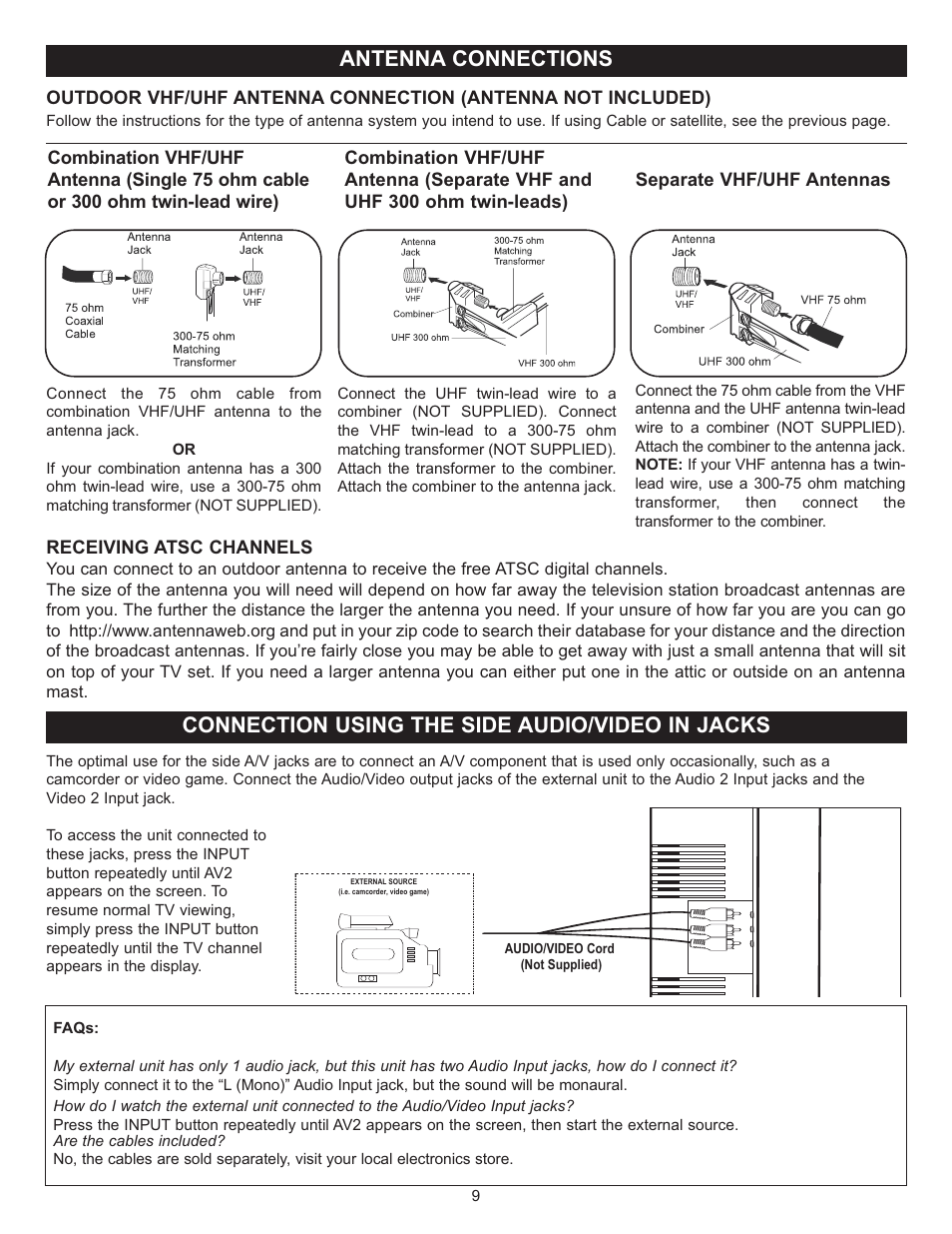 Antenna connections, Connection using the side audio/video in jacks | Memorex MT2025D User Manual | Page 10 / 76