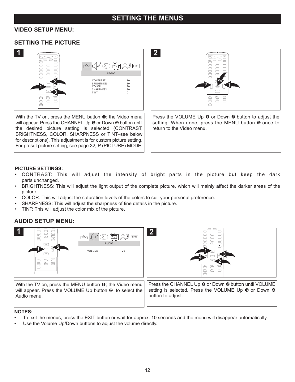 Setting the menus, Video setup menu, Audio setup menu | Setting the picture | Memorex MT2025D User Manual | Page 13 / 76